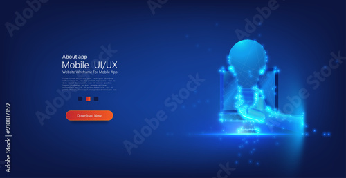 A futuristic digital illustration of a hand made of glowing blue lines holding a lightbulb in front of a computer monitor The background is a dark blue gradient with scattered glowing particles