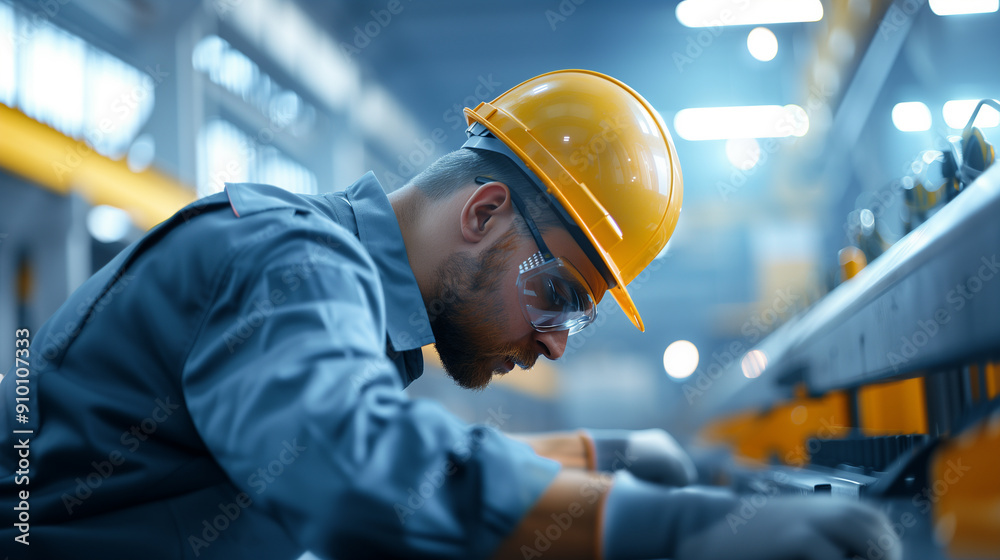 A factory worker in a hard hat and safety goggles, concentrating on operating machinery in an industrial setting. A factory worker in a hard hat and safety goggles, concentrating on operating machinery in an industrial setting.