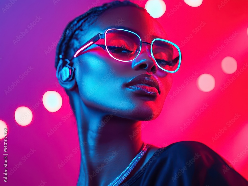 Futuristic figures with neon makeup, DJing at high-tech music attractions, cyberpunk cityscape, vibrant hues, sharp focus Futuristic figures with neon makeup, DJing at high-tech music attractions, cyberpunk cityscape, vibrant hues, sharp focus