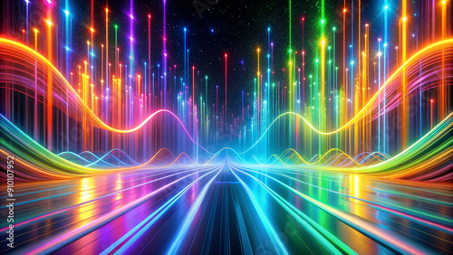 Futuristic abstract scene with pulsating rainbow lines  creating a mesmerizing neon symphony. Abstract background
