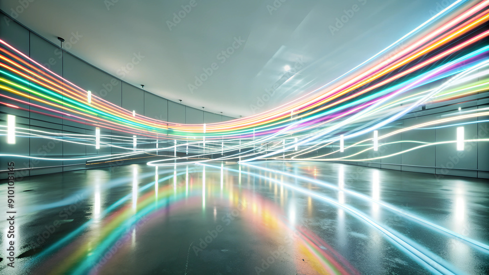 Fototapeta premium Futuristic abstract scene with pulsating rainbow lines, creating a mesmerizing neon symphony. Abstract background