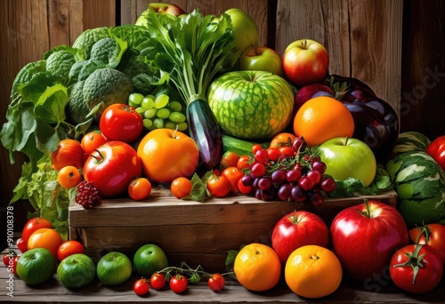 vibrant arrangement fresh fruits vegetables rustic wooden surface showcasing bounty colorful inviting presentation, display, nature, organic, healthy, harvest