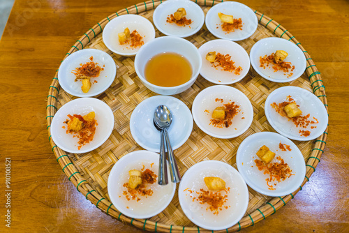 Rice steam in small porcelain cup (banh beo), Vietnam food, Selective focus