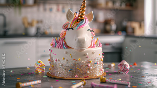 A unicorn birthday cake with glittery icing, sitting on a modern kitchen table, with childrena??s party favors scattered around. photo