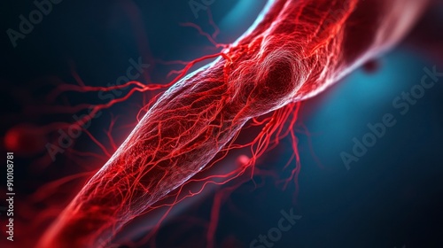 Close-up image of red blood vessels and veins in a human arm, showcasing the intricate circulatory system and anatomy against a dark, blurred background.