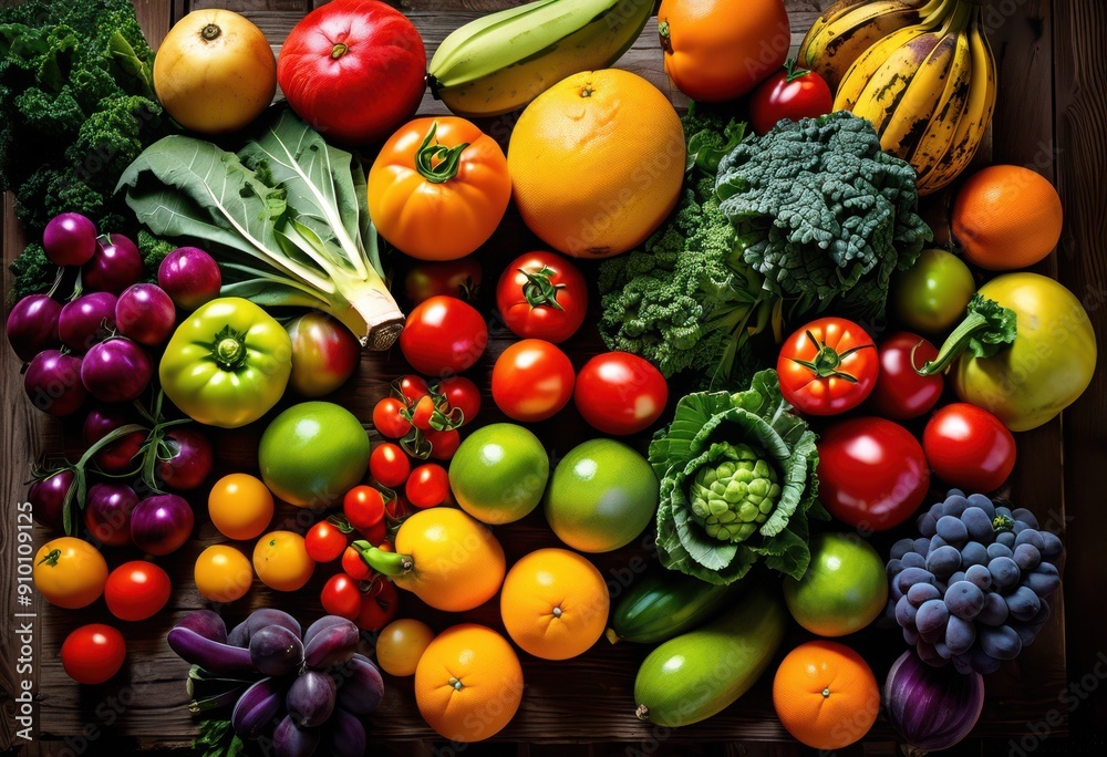 stunning top view vibrant fresh produce assortment featuring colorful fruits vegetables arranged artistically wooden surface, organic, healthy, natural stunning top view vibrant fresh produce assortment featuring colorful fruits vegetables arranged artistically wooden surface, organic, healthy, natural