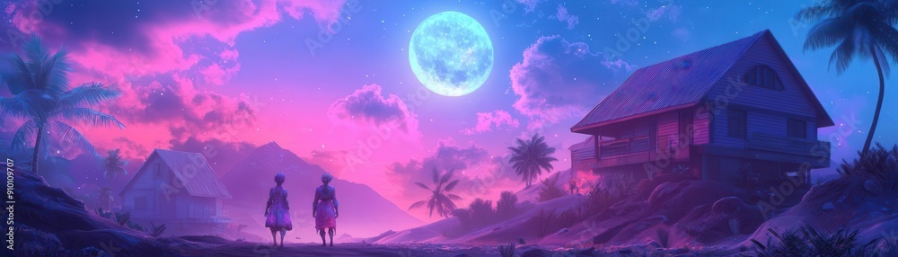 Surreal depiction of characters in dreamlike outfits, under a full moon, exploring abstract houses, psychedelic colors, high detail