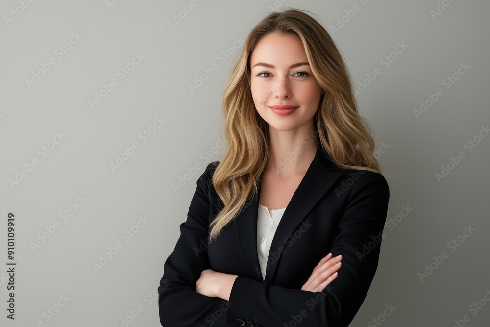 3:2 Professional Half-body shot Portrait of Confident Businesswoman Against Plain Background. Empowered Female Executive Exuding Leadership and Professionalism, for Corporate Branding and Marketing.