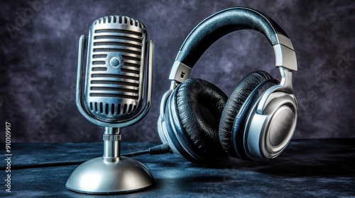 Classic microphone headphones on moody background