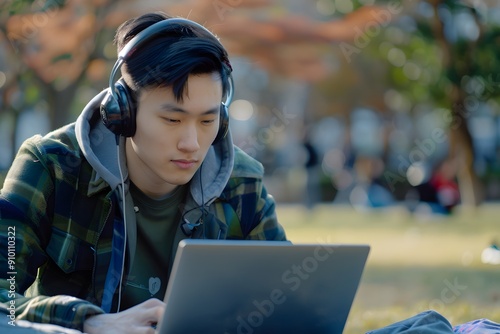 Handsome long legs of Asian men walking, listening to music and working on the street
