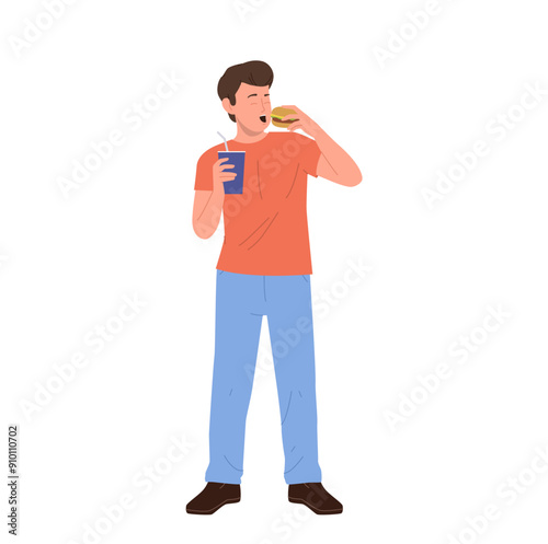 Young man cartoon character eating fastfood burger drinking cola having snack isolated on white