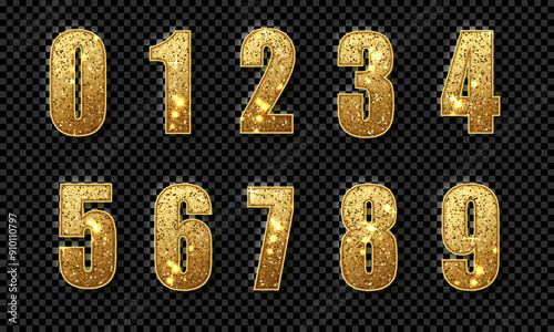 Gold luxsury numbers isolated dark background. Vector decorative glitter design elements for wedding invitations, posters, greeting cards, banners, flyers, postcards, birthday party designs etc