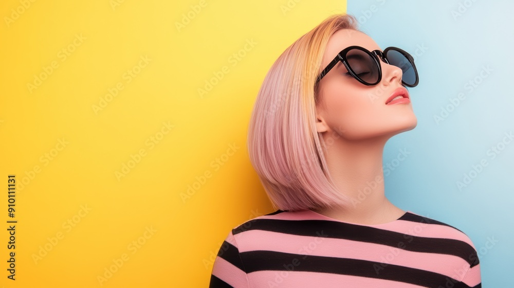 Fototapeta premium Stylish woman with pink hair sunglasses dual-tone background