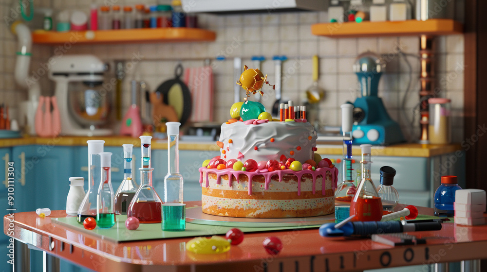 A birthday cake with science-themed decorations, on an innovative kitchen table, with lab equipment and experiment-inspired decor. A birthday cake with science-themed decorations, on an innovative kitchen table, with lab equipment and experiment-inspired decor.