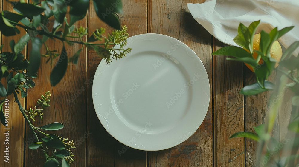 Elegant white plate set on a rustic wooden table, surrounded by green foliage and a white cloth, creating a fresh and inviting dining scene. Elegant white plate set on a rustic wooden table, surrounded by green foliage and a white cloth, creating a fresh and inviting dining scene.