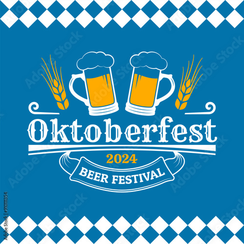 Oktoberfest logo, label or badge with beer mug, cheers icon. Octoberfest, German beer festival poster or banner design. Vector illustration.