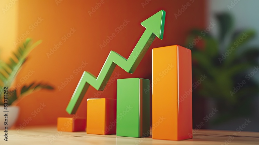 Upward-trending bar graph with a green arrow on an orange background, representing financial growth. Upward-trending bar graph with a green arrow on an orange background, representing financial growth.