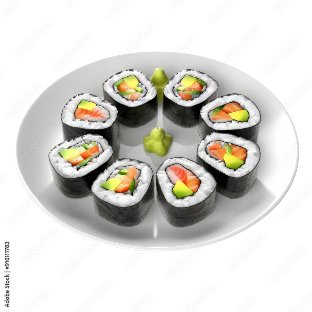 Delicious sushi rolls arranged beautifully on a plate, garnished with wasabi and fresh vegetables, Isolated white background, transparent background. Delicious sushi rolls arranged beautifully on a plate, garnished with wasabi and fresh vegetables, Isolated white background, transparent background.