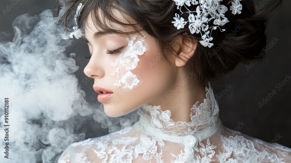 Serene bridal beauty with delicate lace soft smoke Serene bridal beauty with delicate lace soft smoke