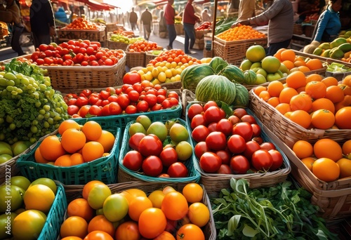 vibrant display colorful fresh fruits vegetables lively market setting, organic, produce, greens, berries, citrus, apples, bananas, peppers, tomatoes