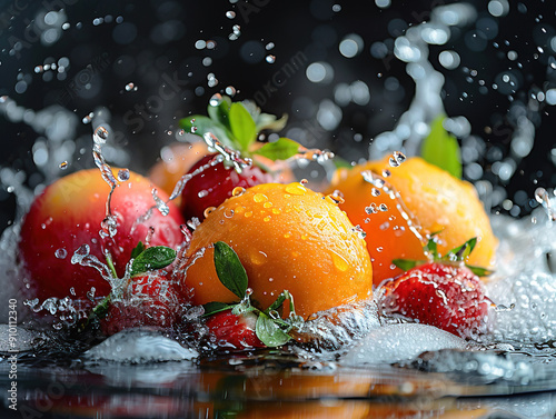 Vibrant fruit splashing with water and ice on elegant black background photo