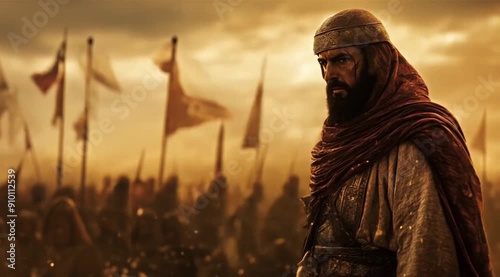 Arabian warrior leader scene with his army in the background, Camera slow motion with different angles