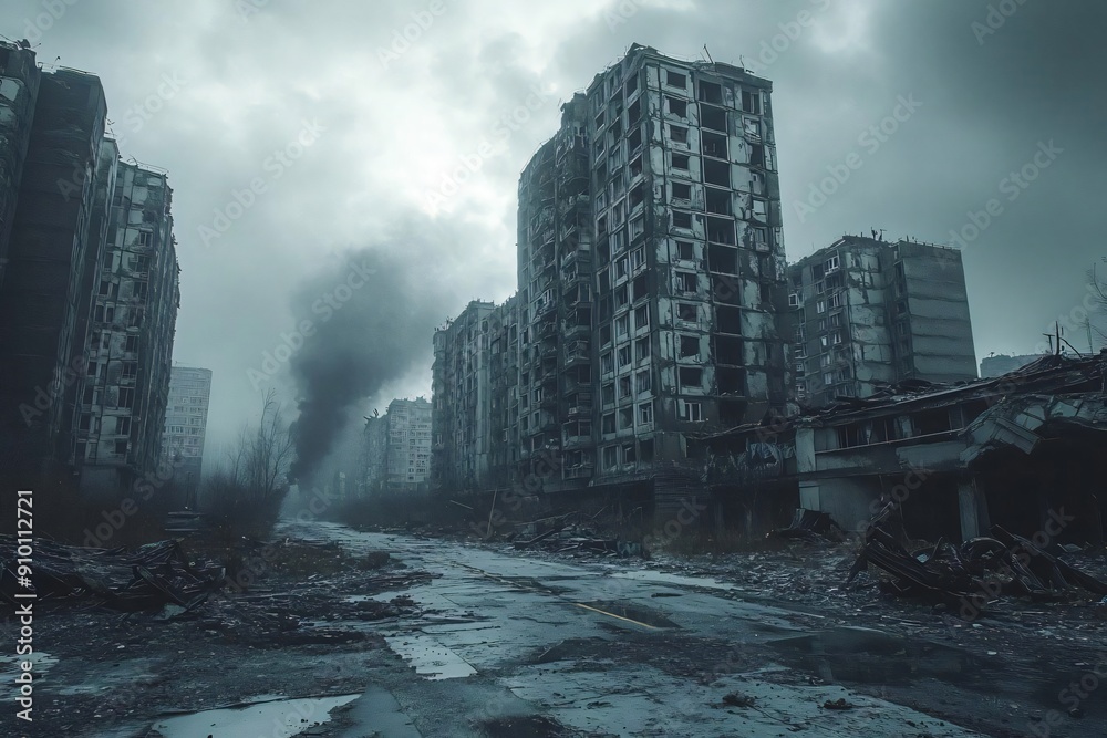 Fototapeta premium Desolate urban landscape with abandoned buildings and a gloomy sky, depicting the aftermath of destruction and decay.