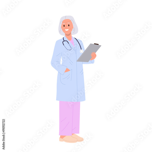 Elderly woman isolated cartoon character wearing lab coat working as doctor of healthcare clinic