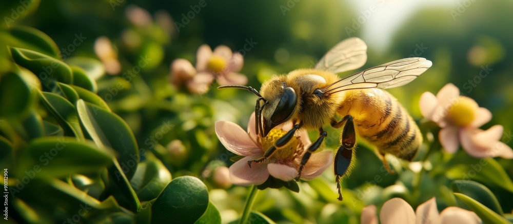 Close-Up of a Honeybee Pollinating a Flower in a Sunlit Garden with Lush Greenery Close-Up of a Honeybee Pollinating a Flower in a Sunlit Garden with Lush Greenery