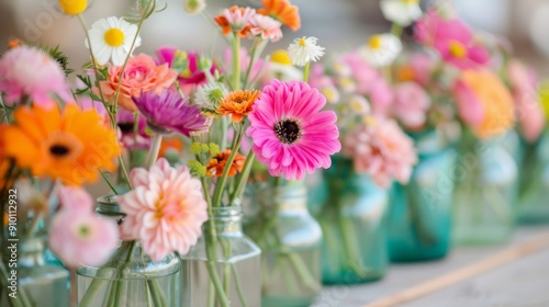 Colorful Flower Arrangements in Jars on a Wooden Table at Sunset