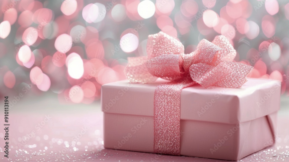Delicate Pink Gift Box Tied With Ribbon on Light Background Delicate Pink Gift Box Tied With Ribbon on Light Background