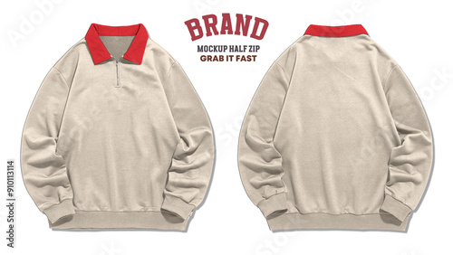 Blank beige sweatshirt with red collar, front and back view. Half zip sweaters. Ready for your design.