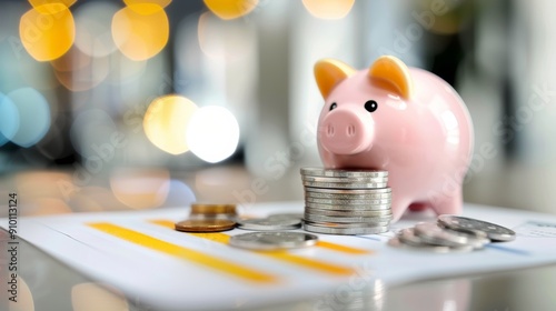 Piggy Bank on Stacks of Coins With Soft Background Decor in a Cozy Setting