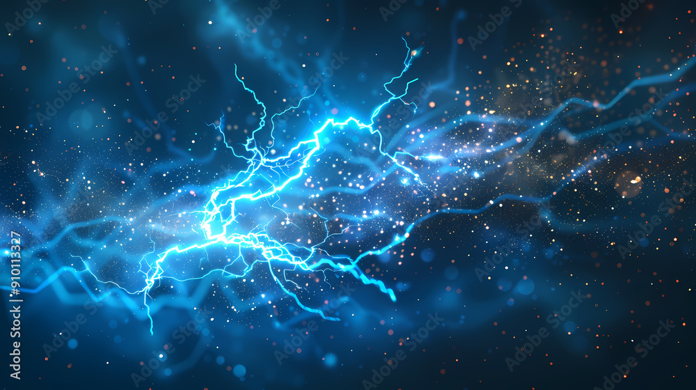 blue lightning bolts streaking across a dark blue background, with shimmering gold particles adding a touch of magic to the scene. The vibrant energy and movement captured blue lightning bolts streaking across a dark blue background, with shimmering gold particles adding a touch of magic to the scene. The vibrant energy and movement captured