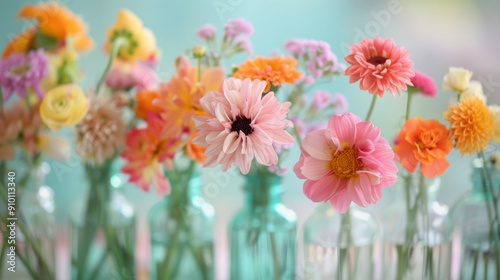Colorful Flower Arrangements in Jars on a Wooden Table at Sunset