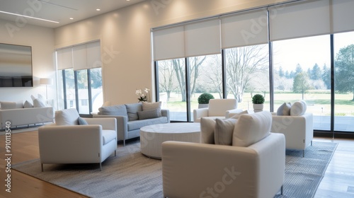 Modern Waiting Area With Comfortable Seating in a Medical Facility During Autumn