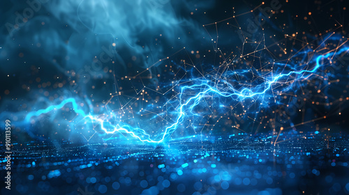 Abstract digital art image with blue lightning bolts and a network of glowing lines.