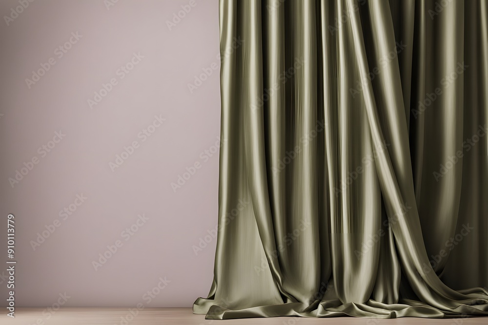 Muted olive green silk curtain with a sophisticated sheen for nature inspired products, AI Generated Muted olive green silk curtain with a sophisticated sheen for nature inspired products, AI Generated