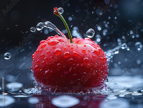 Vibrant MARASCHINO CHERRY splashing with water and ice on elegant black background Close-up of some maraschino cherries photo