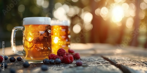 Refreshing Beer With Berries On Rustic Table In Forest During Sunset