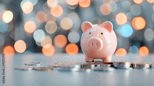 Piggy Bank on Stacks of Coins With Soft Background Decor in a Cozy Setting