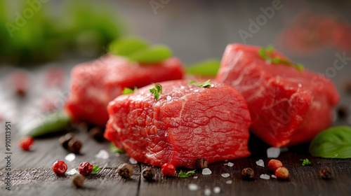 Fresh Cuts of Red Beef Chunks on Dark Wooden Table Ready for Cooking