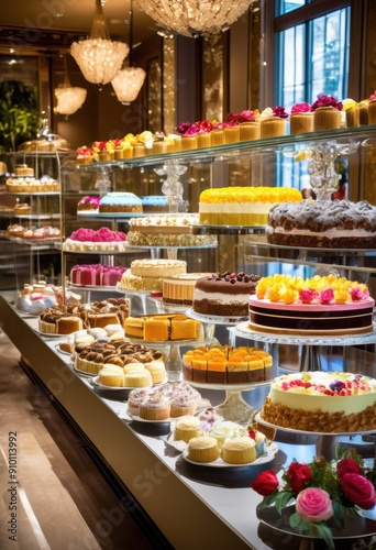 eye view luxurious dessert showcase featuring colorful treats decadent culinary experience, bird, luxury, display, cakes, pastries, indulgent, sweets