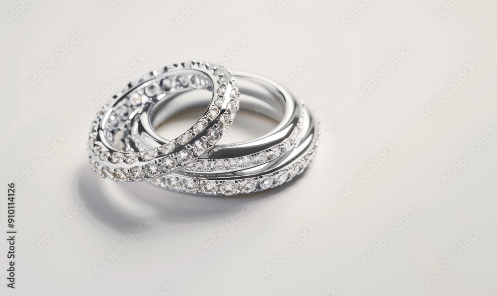 luxury platinum rings with diamonds in different sizes and shapes stacked in intricate pattern on white background