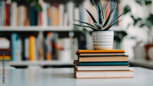 Stacked Books With Potted Plant Against Blurred Background of a Cozy Library