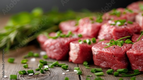 Fresh Cuts of Red Beef Chunks on Dark Wooden Table Ready for Cooking