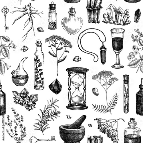 Herbal medicine ingredients background. Apothecary herbs seamless pattern. Alchemy, witchcraft hand-drawn vector illustrations.  NOT AI generated