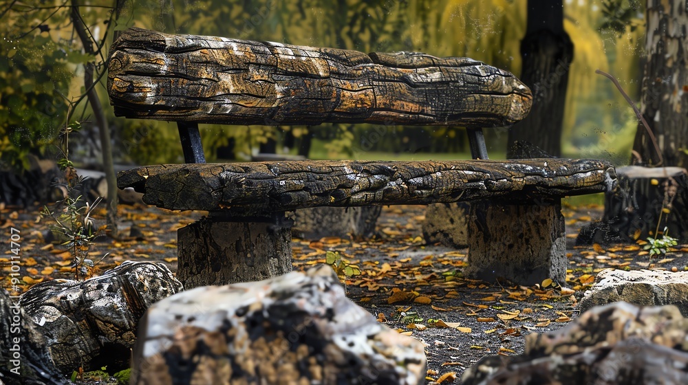 A weathered wooden bench sits amidst fallen leaves in a park setting. The bench's rustic appearance adds a touch of charm to the scene. A weathered wooden bench sits amidst fallen leaves in a park setting. The bench's rustic appearance adds a touch of charm to the scene.