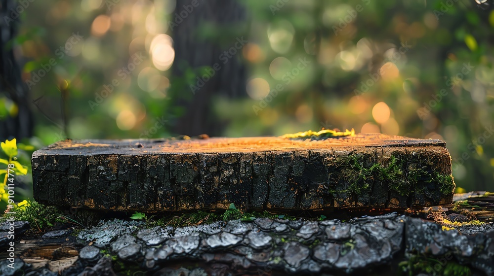 A weathered wooden log sits on a moss-covered tree trunk in a forest setting.  Sunlight filters through the trees in the background.