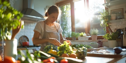 Young Woman Preparing Healthy Salad with Fresh Vegetables in Bright Kitchen